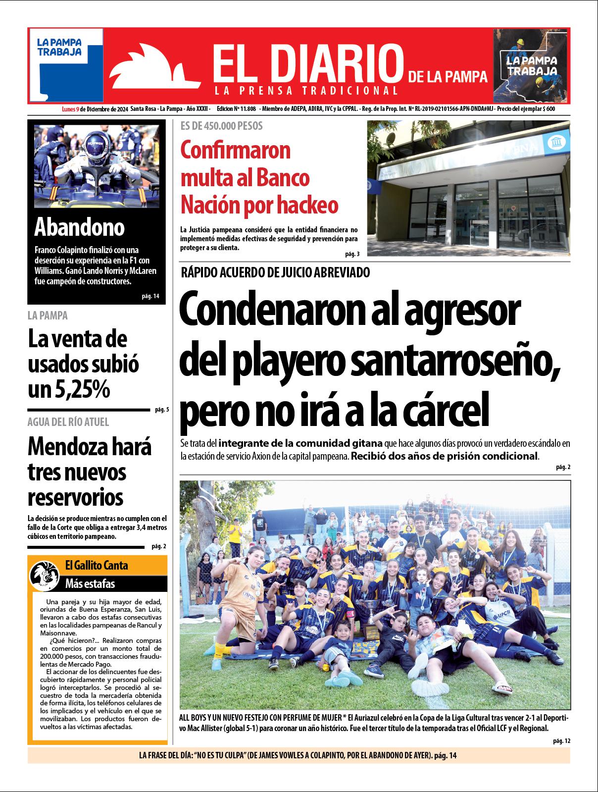 Tapa de El Diario en papel  lunes 09 de diciembre de 2024